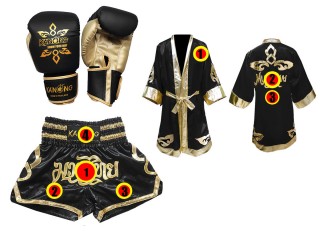 Ensemble Boxe Thai - gants Muay Thai + short personnalisé + peignoir personnalisé: Noir Lai Thai