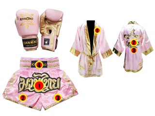 Ensemble Boxe Thai -  gants Muay Thai + short personnalisé + peignoir personnalisé: Rose Lai Thai