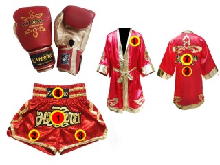 Ensemble Boxe Thai - gants Muay Thai + short personnalisé + peignoir personnalisé: Rouge Lai Thai