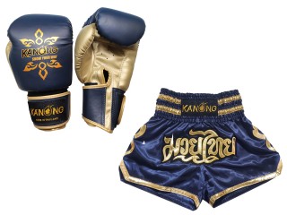 Gant Boxe Thai et Short Muay Thai Personnalisé: Modèle Set-121-Bleu marin