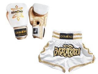 Gants Boxe Thai et Short Muay Thai Personnalisé: Modèle Set-121-Blanc