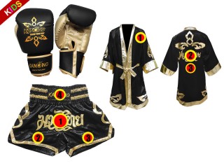 Ensemble de gants de Muay Thai + short personnalisé + peignoir personnalisé pour enfants: Noir Lai Thai