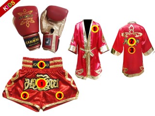 Ensemble de gants de Muay Thai + short personnalisé + peignoir personnalisé pour enfants: Rouge Lai Thai