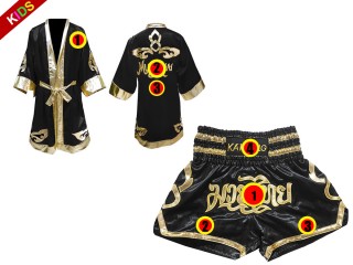 Robe de Combat Muay Thai + Muay Thai Short Personnalise pour Enfants : Noir Lai Thai