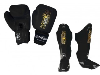 Kanong Gants Boxe + Protège-tibias Boxe Thaï : Noir