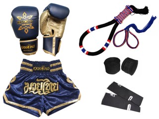 Gants et shorts de kickboxing avec équipement de Muay Thaï : Set-121-Bleu marine