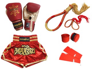 Gants et shorts de kickboxing avec équipement de Muay Thaï : Set-121-Rouge