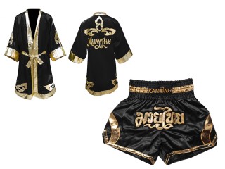 Robe de Combat Muay Thai + Muay Thai Short Personnalisée : Set-144-Noir-Or