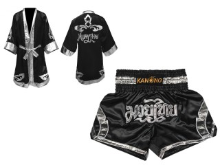 Robe de Combat Muay Thai + Muay Thai Short Personnalisée : Set-144-Noir-Argent