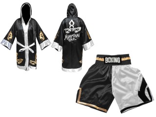 KANONG Peignoir de Boxe + Short Boxe Personnalisée : KNCUSET-105-Noir-Blanc