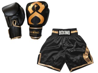 Ensemble de Boxe - Gant de Boxe cuir + Short boxe anglaise Personnalisé: KNCUSET-201-Or noir