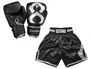 Gant de Boxe en cuir véritable et Short boxe anglaise Personnalisé: KNCUSET-201-Noir argent