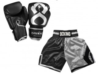 Ensemble de Boxe - Gant de Boxe cuir + Short boxe anglaise Personnalisé: KNCUSET-202-Noir argent