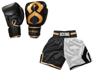 Ensemble de Boxe - Gant de Boxe cuir + Short boxe anglaise Personnalisé: KNCUSET-202-Noir blanc