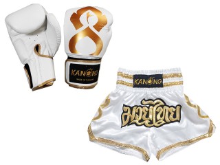 Gants Boxe Thai cuir véritable et Short Muay Thai Personnalisé: Set-121-Thaikick-Blanc