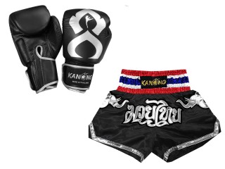Gants de Boxe Thai cuir véritable et Short Muay Thai Personnalisé: Set-125-Gloves-Thaikick-Noir