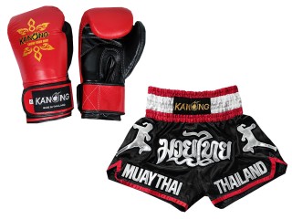 Kanong Gants Boxe + Protège-tibias Boxe Thaï cuir véritable : Noir