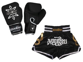 Gants de Boxe Thai cuir véritable et Short Muay Thai Personnalisé: Set-143-Gloves-Noir