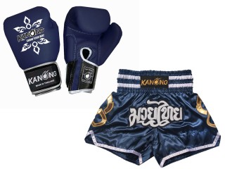 Gants de Boxe Thai cuir véritable et Short Muay Thai Personnalisé: Set-143-Gloves-Marine