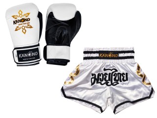 Gants Muay Thai cuir véritable et Short Muay Thai Personnalisé: Set-143-Gloves-Blanc