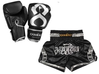 Ensemble Boxe Thai - Gant de Boxe Thai cuir + Short Muay Thai Personnalisé: Set-144-Gloves-Noir argent