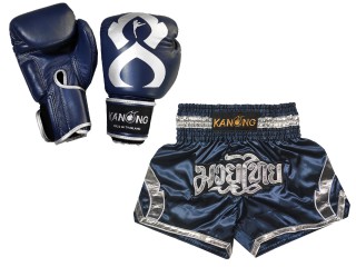 Ensemble Boxe Thai - Gant de Boxe Thai cuir + Short Muay Thai Personnalisé: Set-144-Gloves-Marine