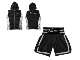 Sweat à capuche + Short Boxe Personnalisée : KNCUSET-007-Noir-Argent