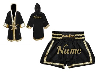 Robe de Combat Muay Thai + Muay Thai Short Personnalisée : Set-140-Noir-Or