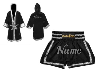 Robe de Combat Muay Thai + Muay Thai Short Personnalisée : Set-140-Noir-Argent