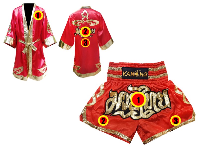 Robe de Combat Muay Thai + Muay Thai Short Personnalisée : Rouge Lai Thai