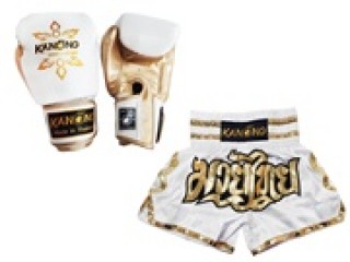 Gants de Boxe Thai et Short Muay Thai Personnalisé: Modèle Set-121-Blanc