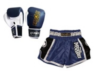 Gant Boxe Thai et Short Muay Thai Personnalisé: Modèle Set-208-Bleu marin