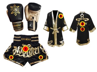 Ensemble de gants Muay Thai + short personnalisé + peignoir personnalisé: Noir Lai Thai