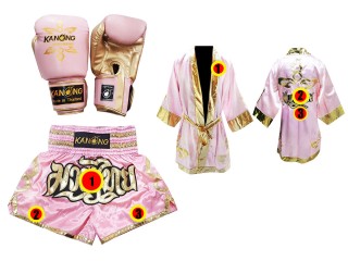 Ensemble de gants Muay Thai + short personnalisé + peignoir personnalisé: Rose Lai Thai
