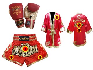 Ensemble de gants Muay Thai + short personnalisé + peignoir personnalisé: Rouge Lai Thai