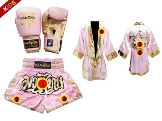 Ensemble de gants de Muay Thai + short personnalisé + peignoir personnalisé pour enfants: Rose Lai Thai