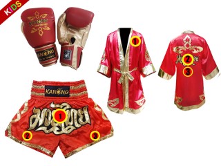 Ensemble de gants de Muay Thai + short personnalisé + peignoir personnalisé pour enfants: Rouge Lai Thai