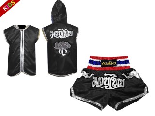 Sweat à capuche Muay Thai + Muay Thai Short Personnalisée pour Enfants : Noir l'éléphant