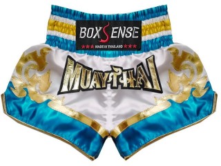 Short de Muay Thai Boxsense : BXS-099-Blanc-Bleu ciel