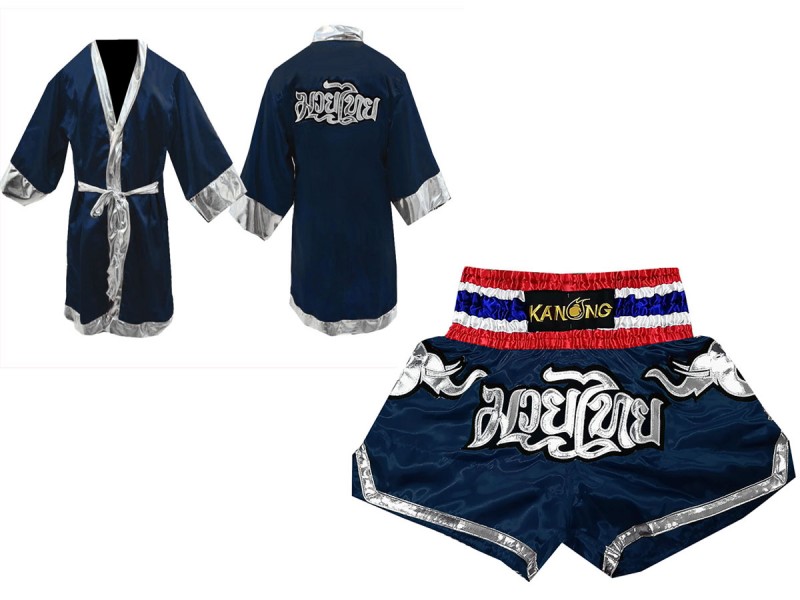 KANONG Peignoir de Boxe + KANONG Muay Thai Shorts Personnalisée : Set-125-Bleu marin